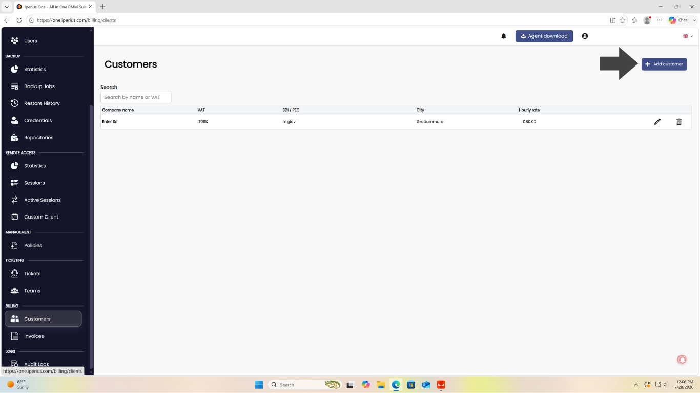 Page clients d`Iperius One avec la liste des clients