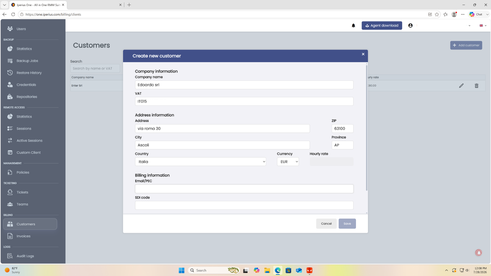 Données client et taux horaire renseignés dans Iperius One