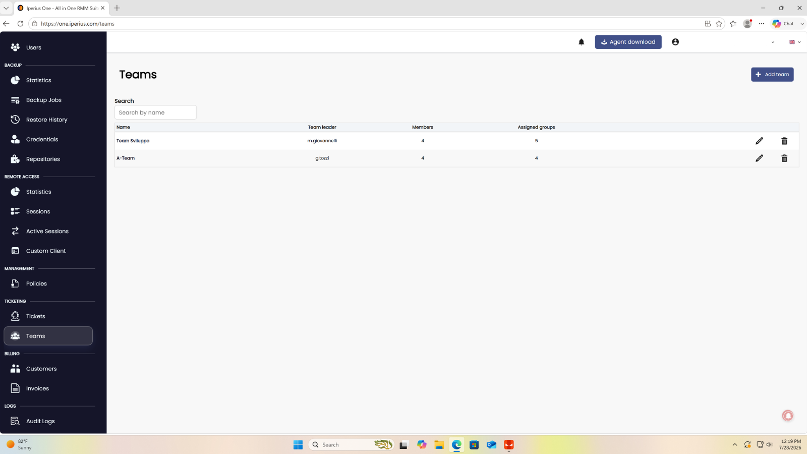 Page Iperius One Teams avec bouton Ajouter une équipe