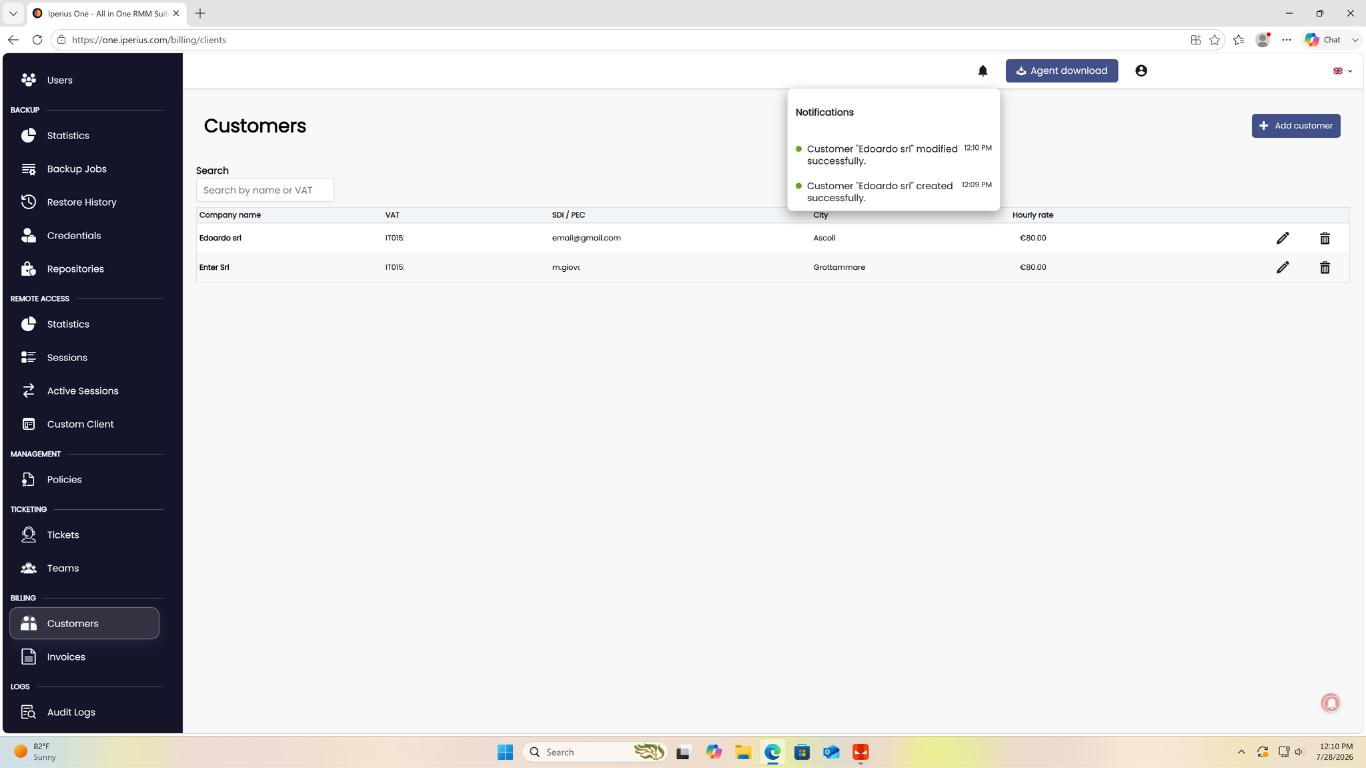Notification de création de client dans Iperius One