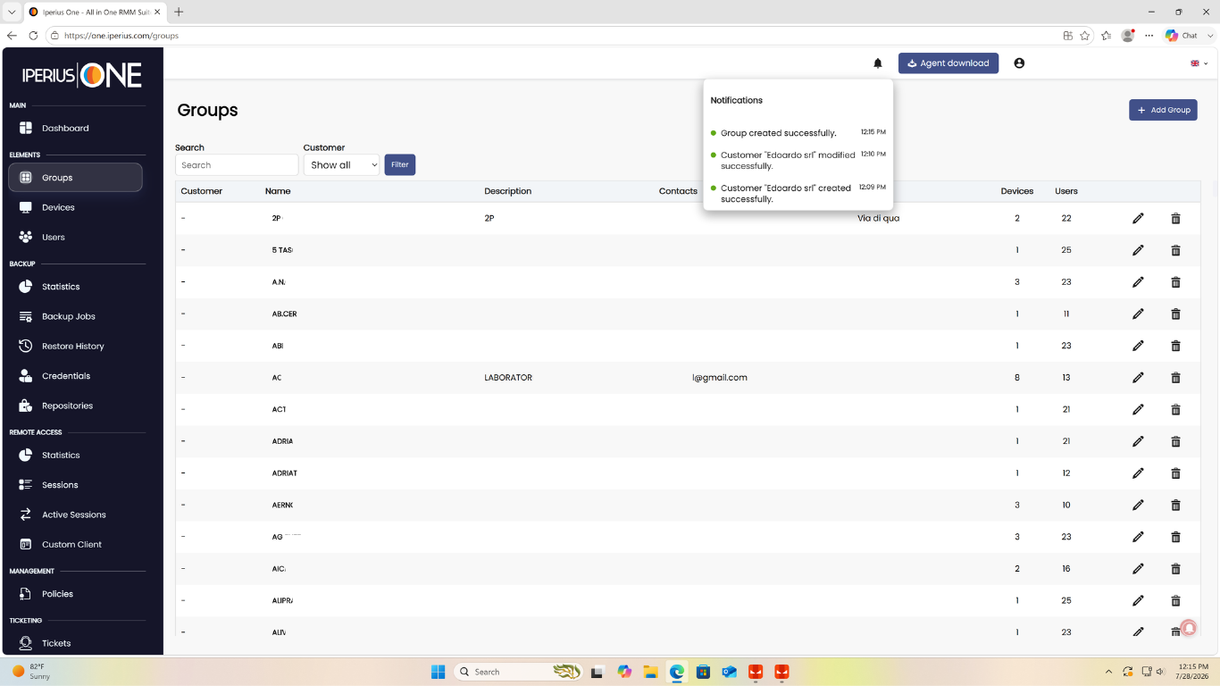 Notification de groupe créée avec succès dans Iperius One