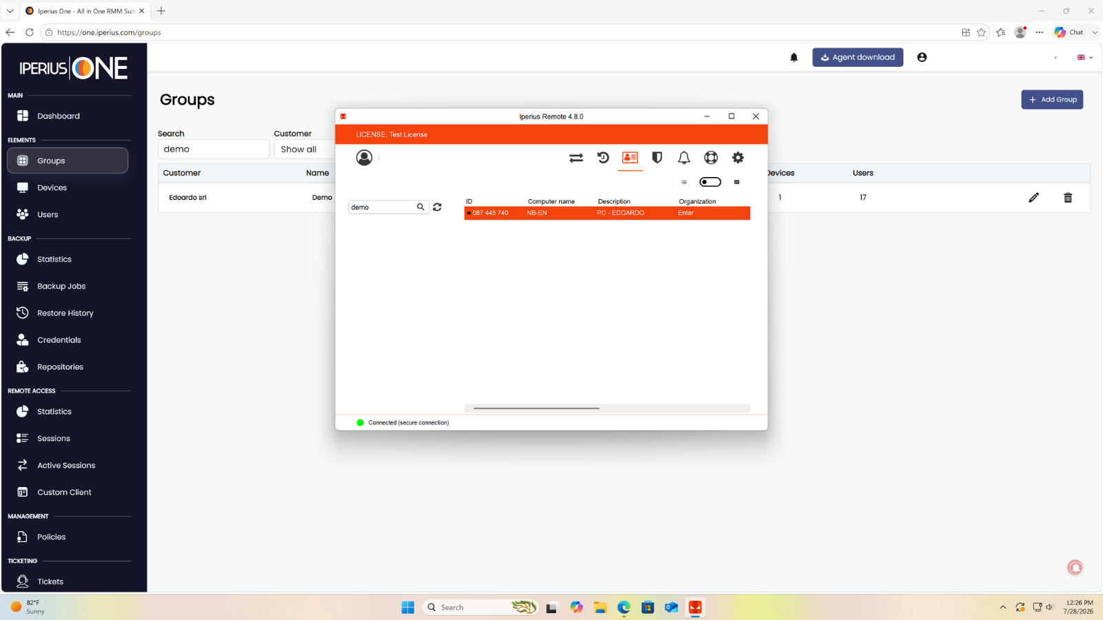 Appareil visible dans le carnet d`adresses Iperius Remote et dans le groupe Iperius One