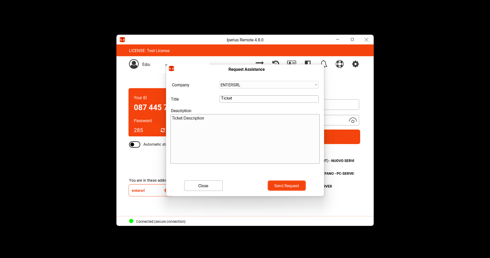 Demande d`assistance complétée avec titre et description dans Iperius Remote